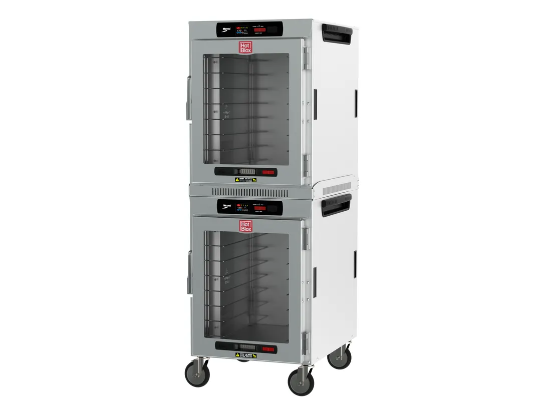 Metro HBCW16-DC-M 2-Compartment Heated Holding Cabinet, 16-Pan Capacity, Clear Door, Aluminum Finish, 61"-66" Height, 2 x 875W