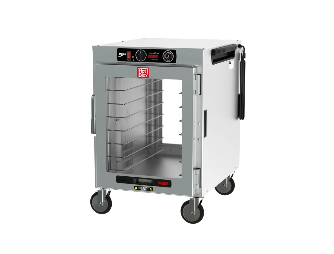 Metro HBCW8-ACPC-M HotBlox "8 Pan" Heated Holding Cabinet, Mobile, Pass-Thru, Clear Doors, 120V 875W