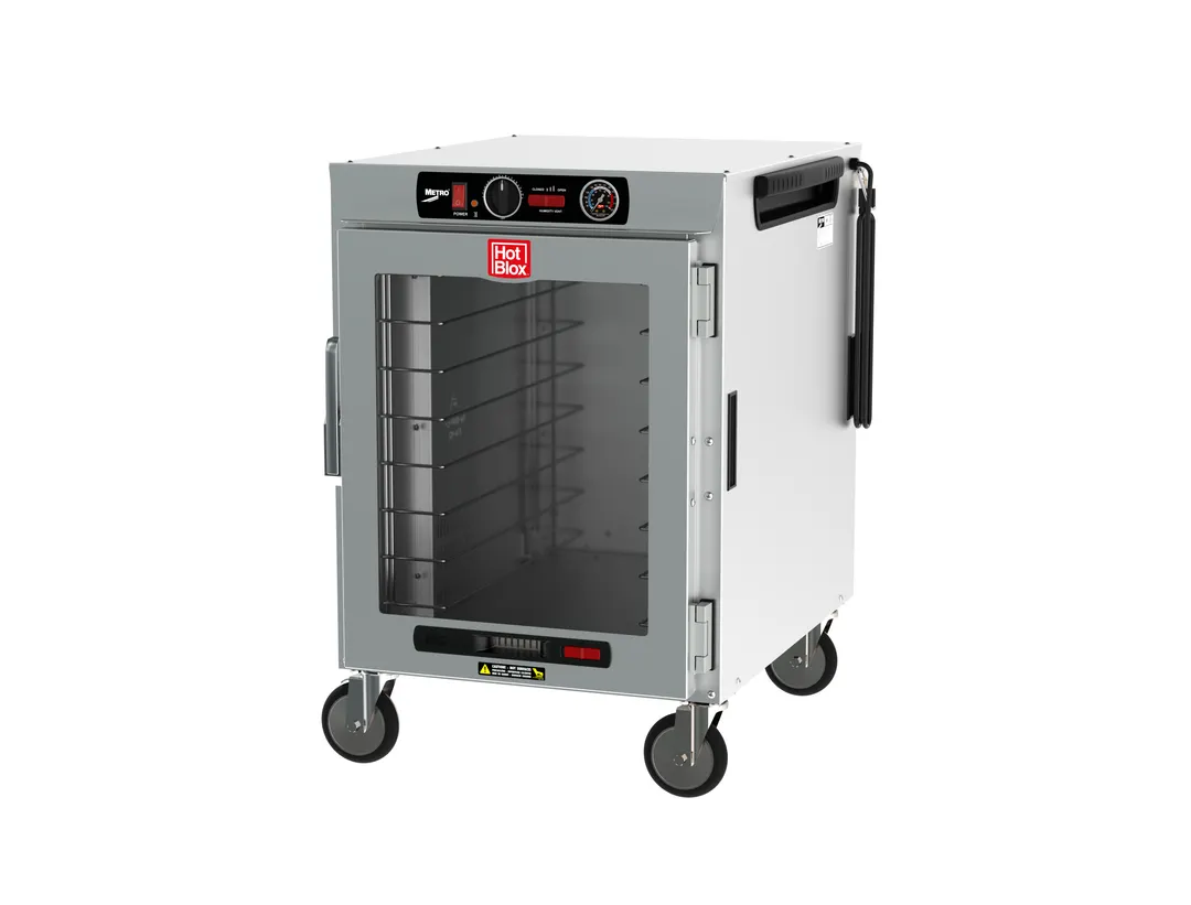 Metro HBCW8-ACPS-M HotBlox Insulated Holding Cabinet, Mobile, 8-Pan Capacity, Clear Front & Solid Rear Door, 120V 875W