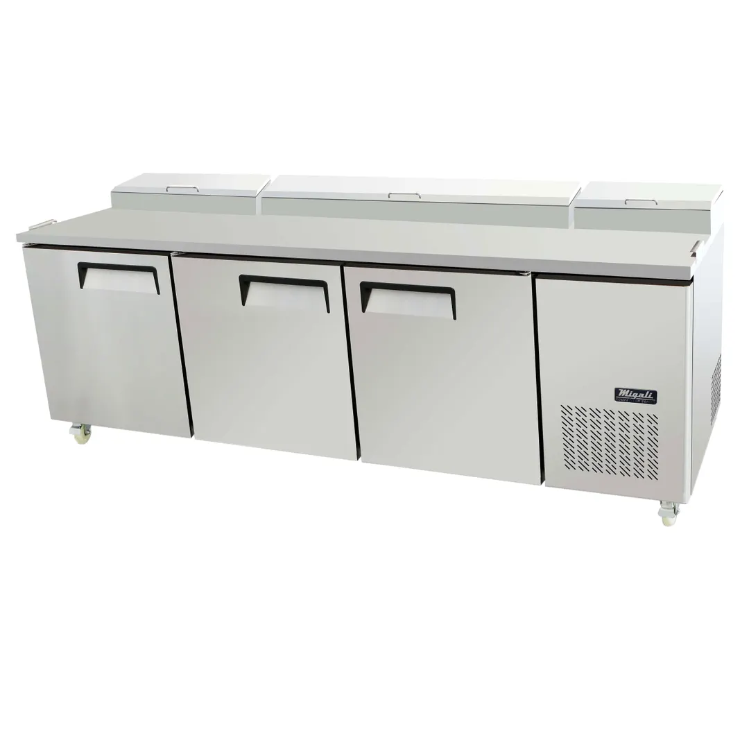 Migali C-PP93-HC 93" 3-Section Refrigerated Pizza Prep Table w/ 3 Doors, (12) 1/3 Size Pans