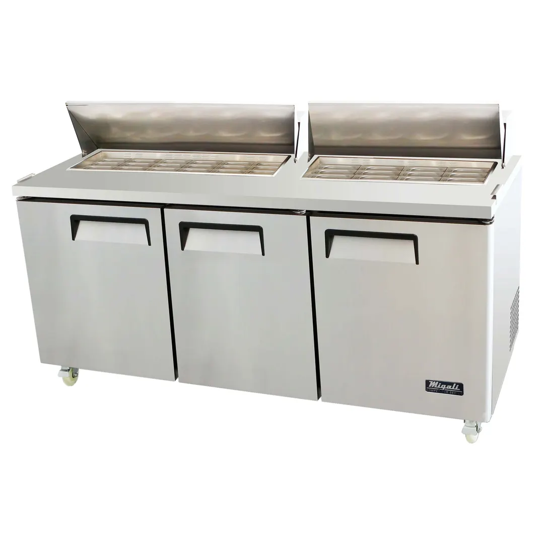 Migali C-SP72-30BT-HC 72" Three Section Mega Top Sandwich Prep Table w/ 3 Doors, 30 Pans