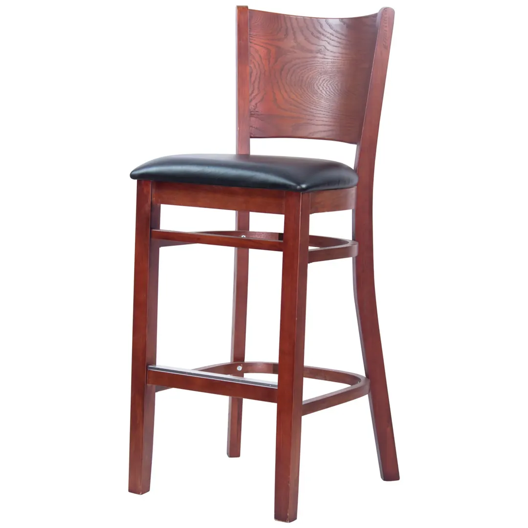 MKLD A6236-BS BV Barstool – Wood Back Upholstered Black Vinyl Seat Beechwood Frame Footrest Plastic Glides