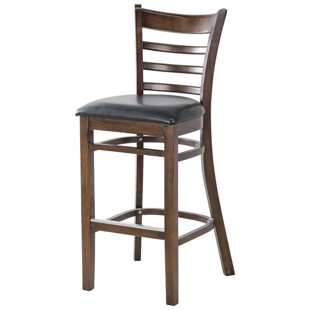 MKLD A6241-BS BV Bar Stool – Ladder Back, Upholstered Seat, Black Vinyl, Beechwood Frame, Footrest, Armless
