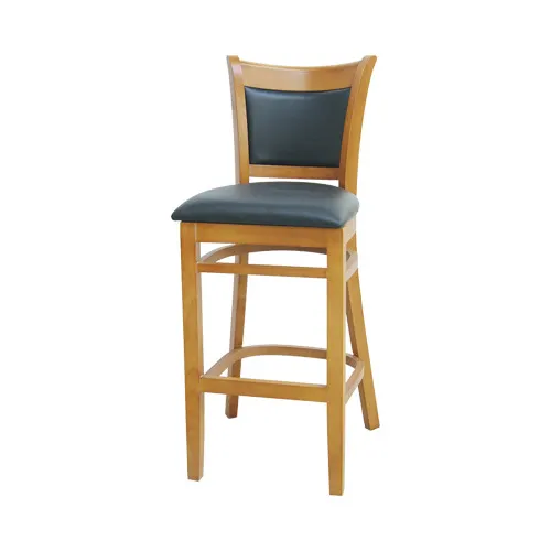 MKLD A6279-BS BV Barstool – Upholstered Black Vinyl Seat & Back, European Beechwood Frame, Footrest, Plastic Glides