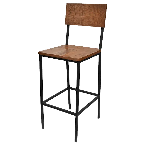 MKLD AM831BS Barstool - Distressed Wood Seat & Back, Armless, Black Powder Coat, Metal Frame, Plastic Glides