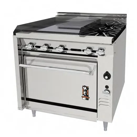 Montague Company 36-7PL 36" Gas Heavy Duty Range w/ (2) Open Burners, 24" Plancha Griddle, Open Cabinet Base, 90.000 BTU