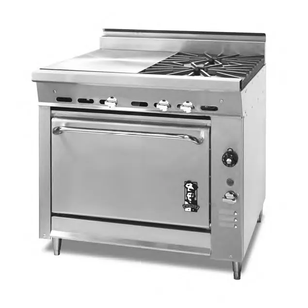 Montague Company M36-11E 36" Gas Heavy Duty Range w/ (2) Open Burners, (1) Even Heat Hot Top, Modular Stand Base, 100.000 BTU
