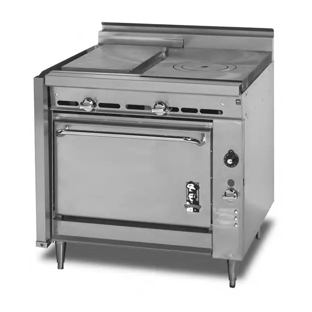 Montague Company M36-12PL 36" Gas Heavy Duty Range w/ 18" Plancha Griddle, (1) French Top, Modular Stand Base, 50.000 BTU