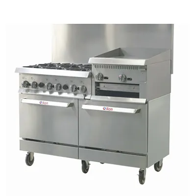 IKON IR-6B-24RG-60 60" Gas Restaurant Range w/ (6) Open Burners, 24" Raised Griddle/Broiler, (2) Static Ovens, 306.000 BTU