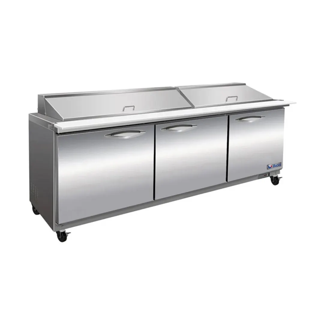 IKON ISP72M 72" Three Section Mega Top Sandwich / Salad Prep Table w/ 3 Doors, 27 Pans