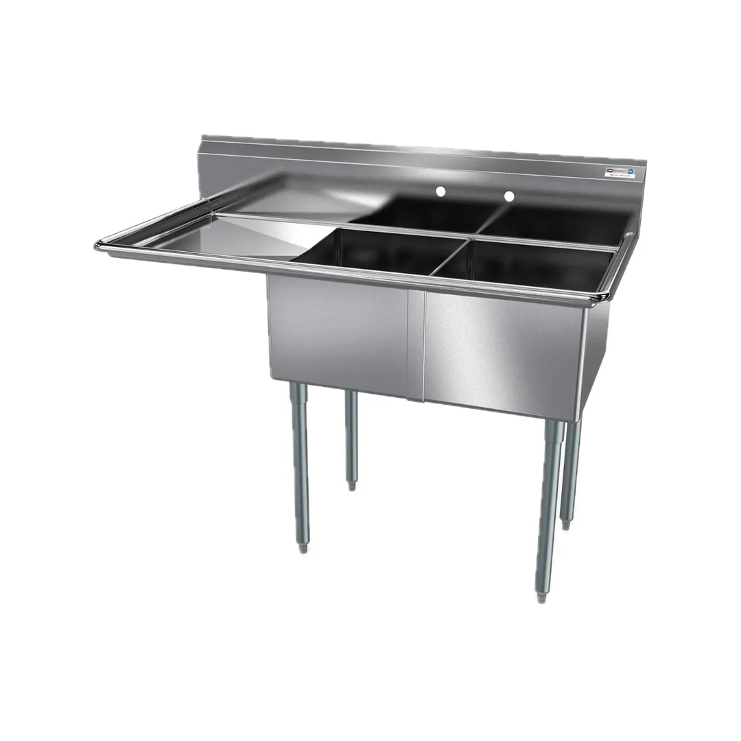 NBR Equipment 2SG-181812L18 56" Two Compartment Sink, 18"W x 18"L Bowl With Left-Hand Drainboard