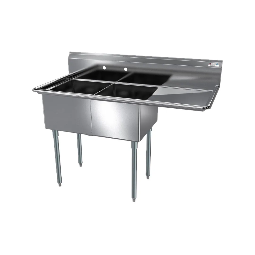 NBR Equipment 2SG-242414R24 74" Two Compartment Sink, 24"W x 24"L Bowl With Right-Hand Drainboard