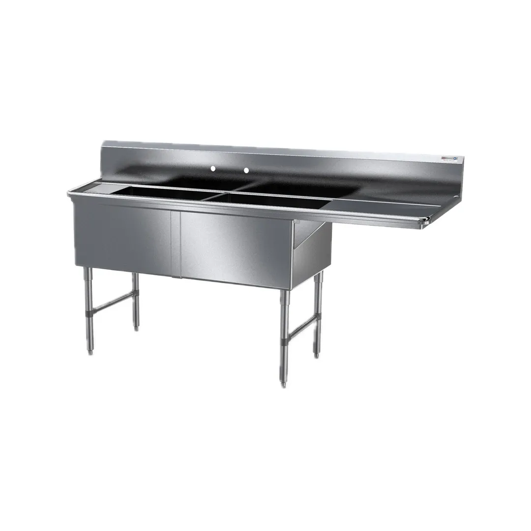 NBR Equipment 2SS-242414R24-REINF 76" Two Compartment Sink, 24"Wx24"L Bowl w/ Right-Hand Drainboard