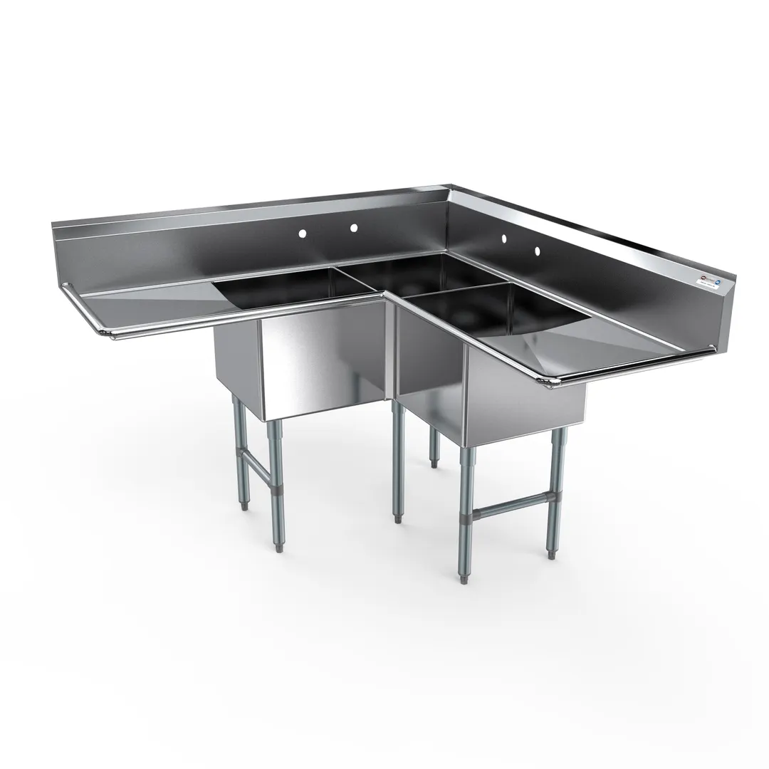 NBR Equipment 3CSG-242414LR24 75" 3 Compartment Corner Sink, 24"W x 24"L Bowl - Galvanized