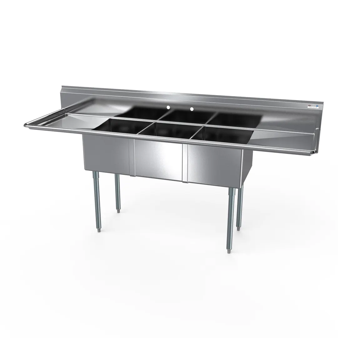 NBR Equipment 3SG-151514LR15 75" Three Compartment Sink, 15"W x 15"L Bowl With 2 Drainboards