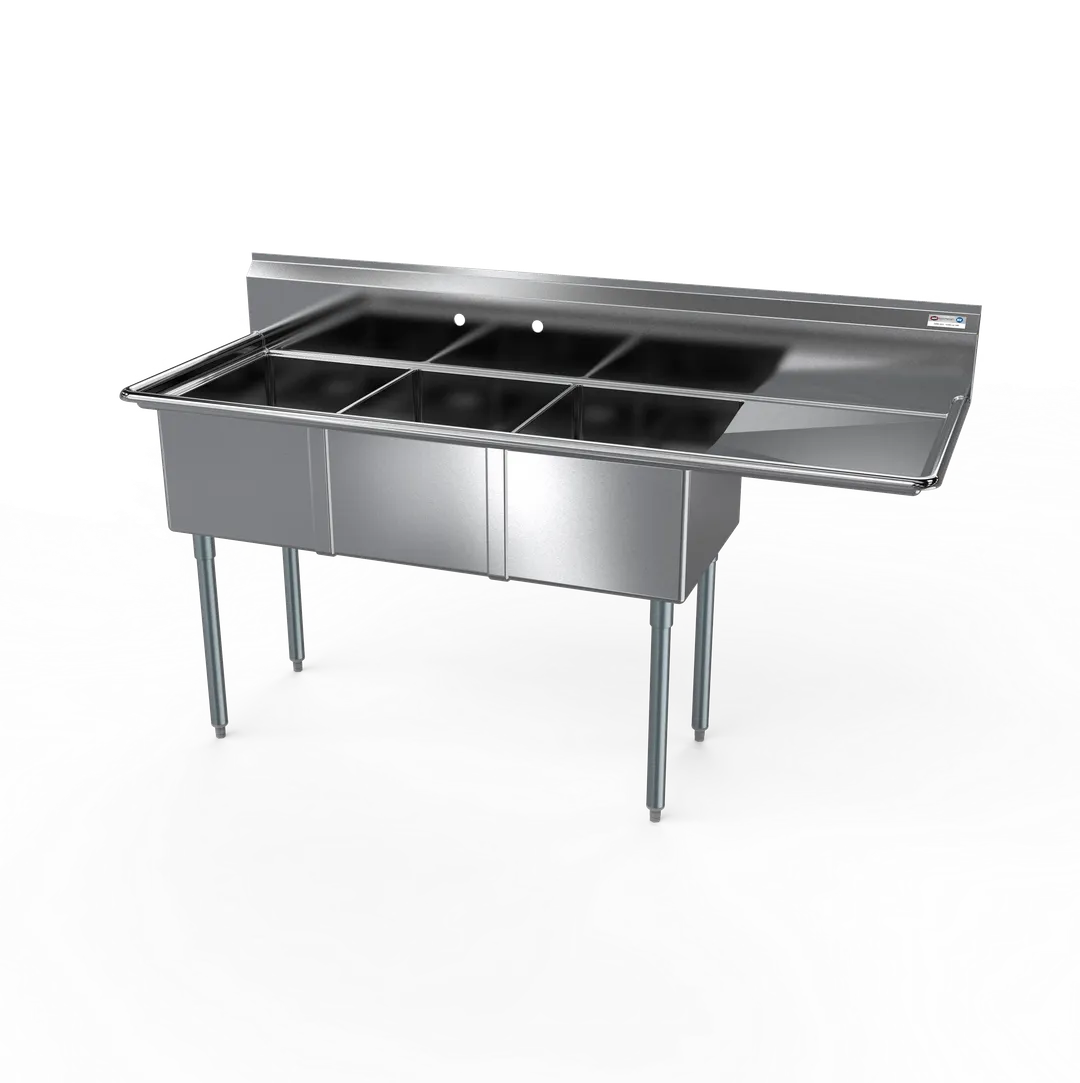 NBR Equipment 3SG-151514R24 71" Three Compartment Sink, 15"W x 15"L Bowl With Right-Hand Drainboard