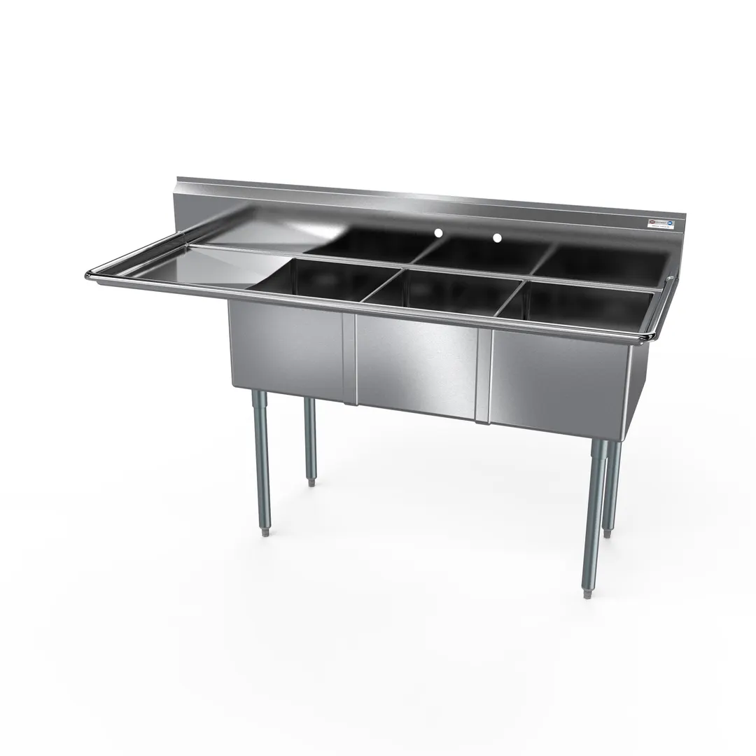 NBR Equipment 3SG-181812L18 74" Three Compartment Sink, 18"W x 18"L Bowl With Left-Hand Drainboard