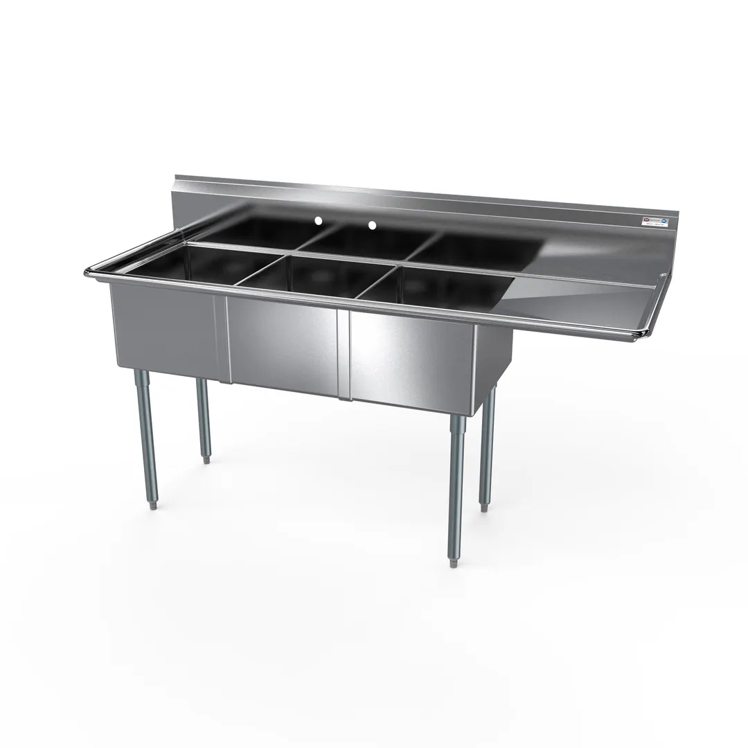 NBR Equipment 3SG-242414R24 98" Three Compartment Sink, 24"W x 24"L Bowl With Right-Hand Drainboard