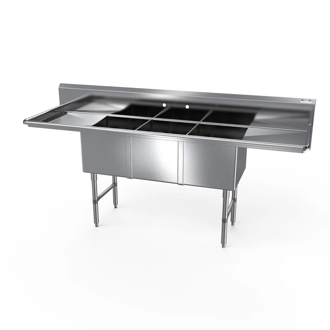 NBR Equipment 3SS-143114LR18 81" Three Compartment Sink, 14"W x 31"L Bowl With 2 Drainboards
