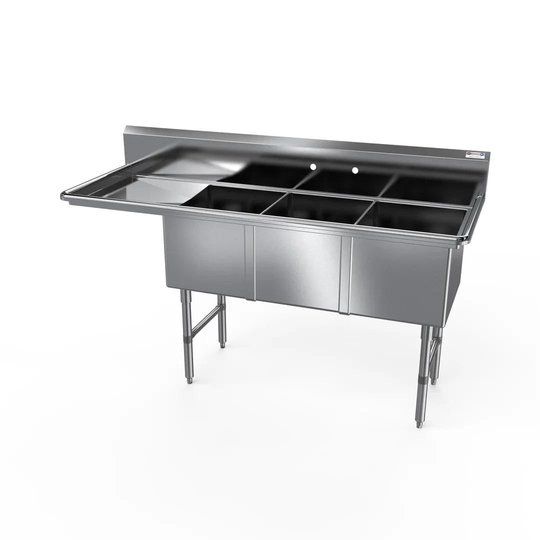 NBR Equipment 3SS-203014L18 82" Three Compartment Sink, 20"W x 30"L Bowl With Left-Hand Drainboard