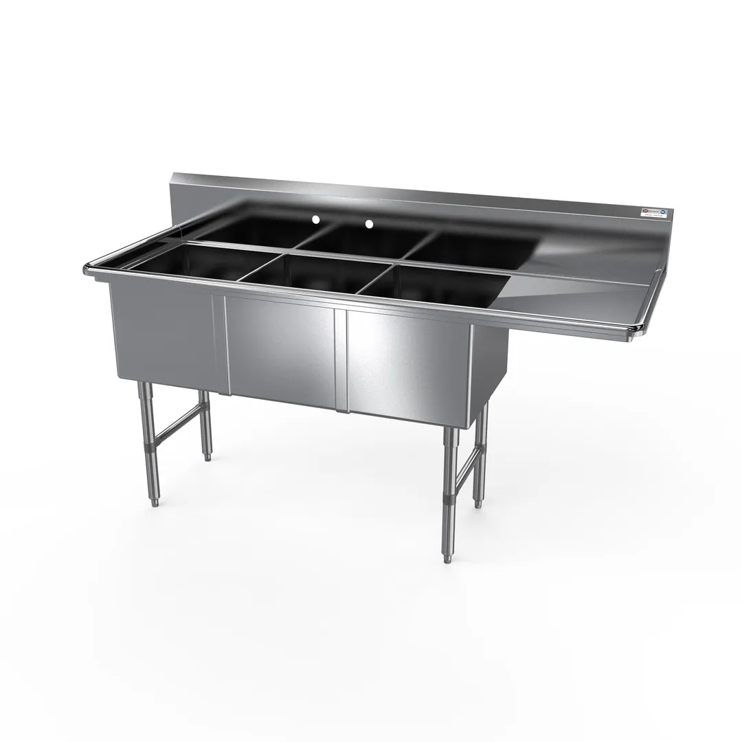 NBR Equipment 3SS-203014R18 82" Three Compartment Sink, 20"W x 30"L Bowl With Right-Hand Drainboard