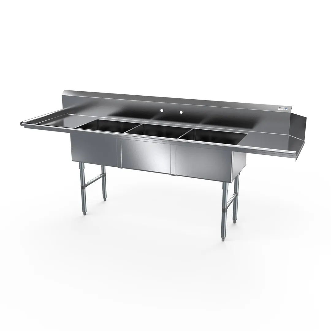 NBR Equipment SDT3-202012L20 Premium Dishtable w/ (2) 20" Drainboards, 3 Bowls, Soiled