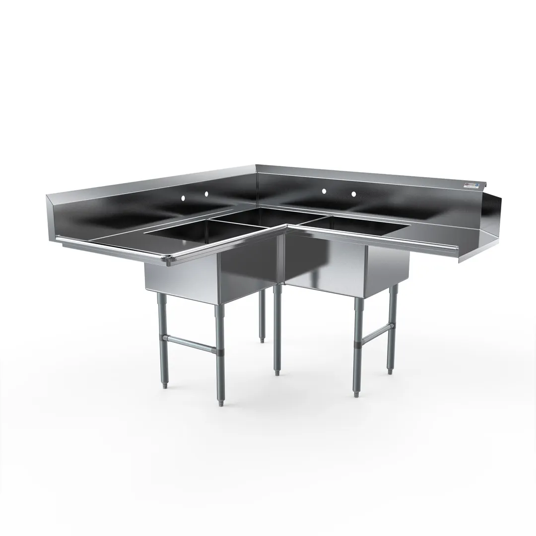 NBR Equipment SDT3C-202012L20 Economy Corner Dishtable w/ (2) 20" Drainboards, 3 Bowls