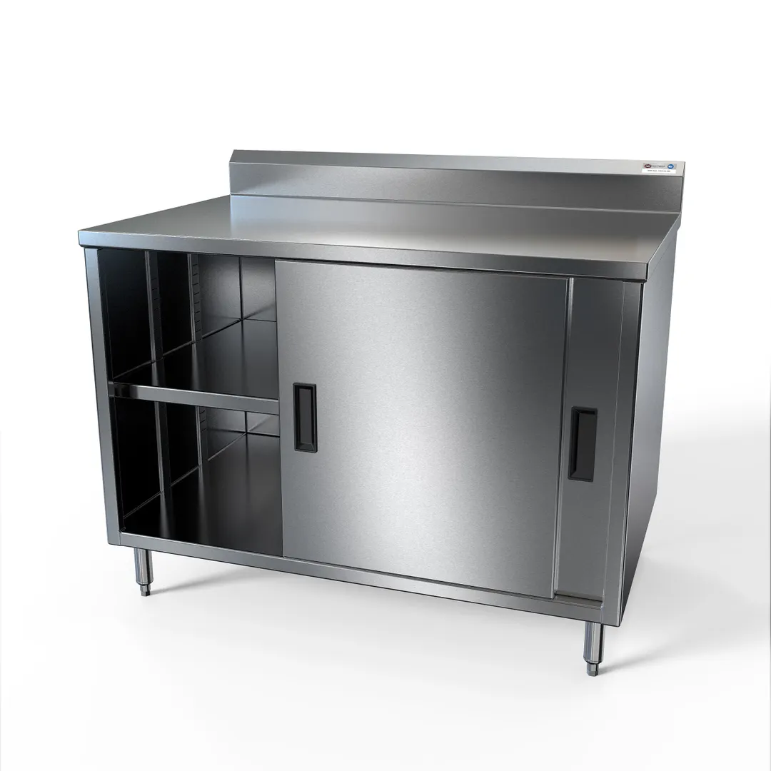 NBR Equipment TCB-4830R5S 48" Sliding Doors Premium Work Table with Mid-Shelf / Backsplash