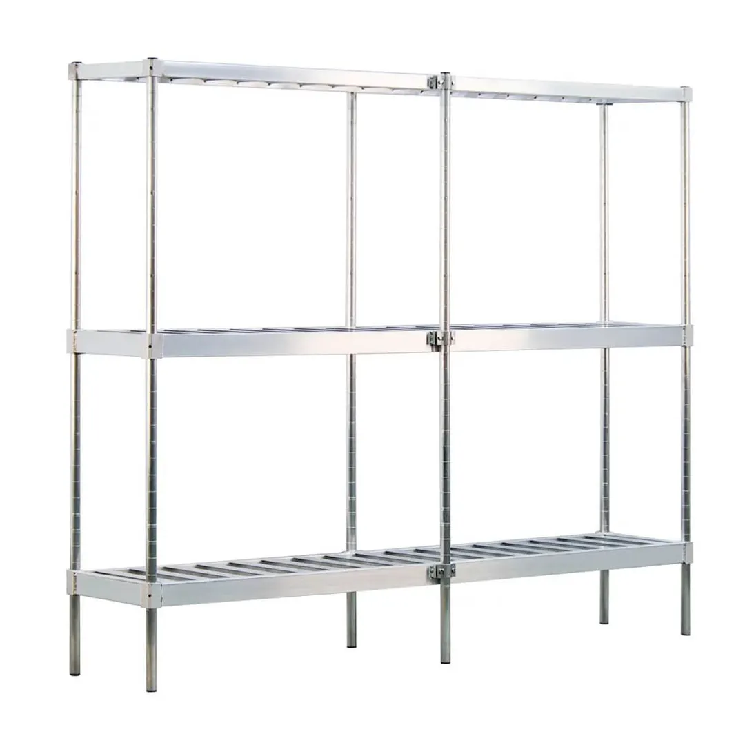 New Age 1289 93" Aluminum Keg Rack with (10) 1/2 or (34) 1/6 Keg Capacity and 3 Shelves