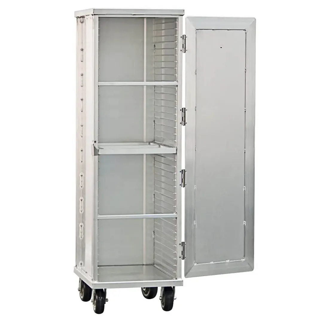 New Age 1292 38 Pan Aluminum Mobile End Load Enclosed Sheet Pan Rack w/ 1 1/2" Bottom Load Slides