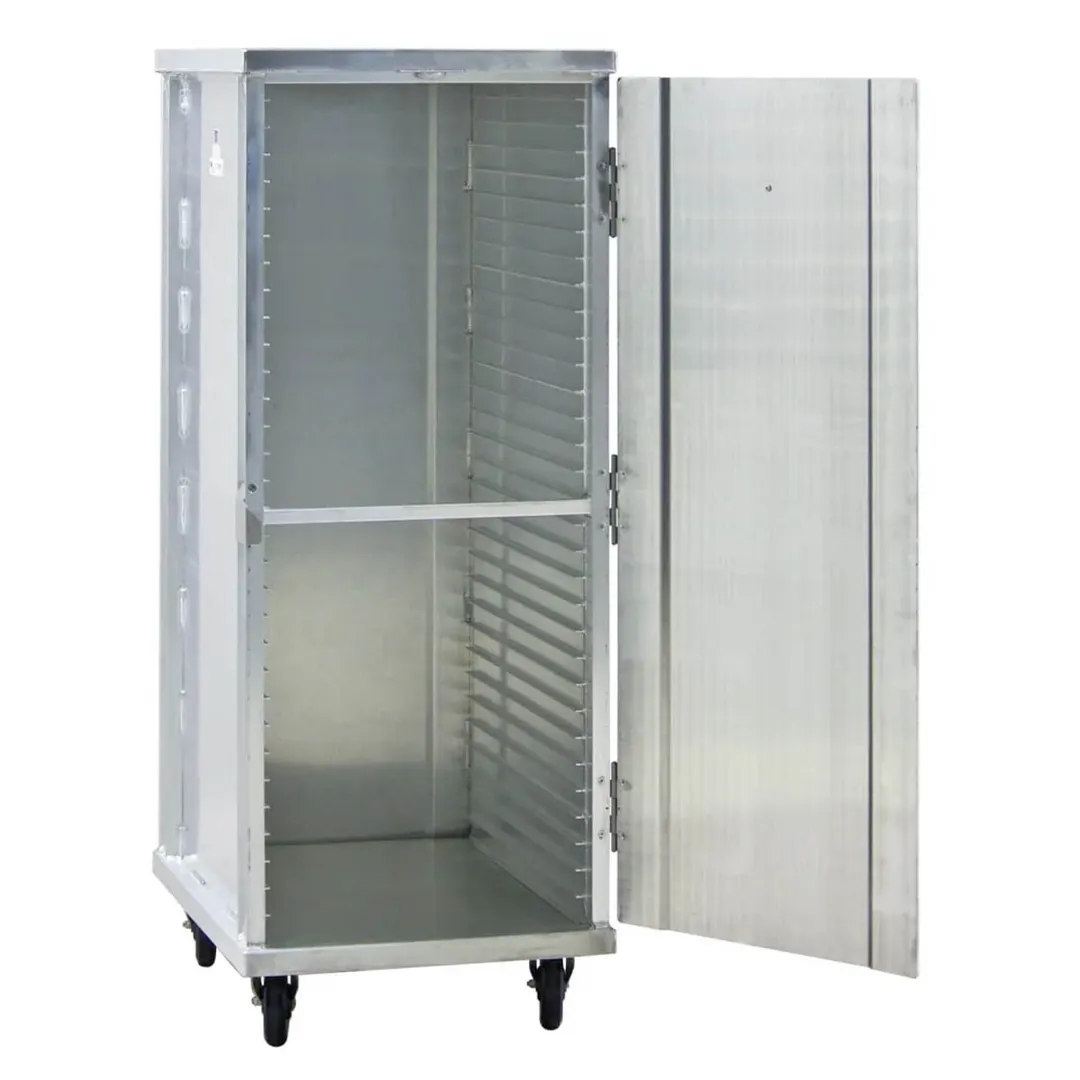 New Age 1293 32 Pan Aluminum Mobile End Load Enclosed Sheet Pan Rack w/ 1 1/2" Bottom Load Slides