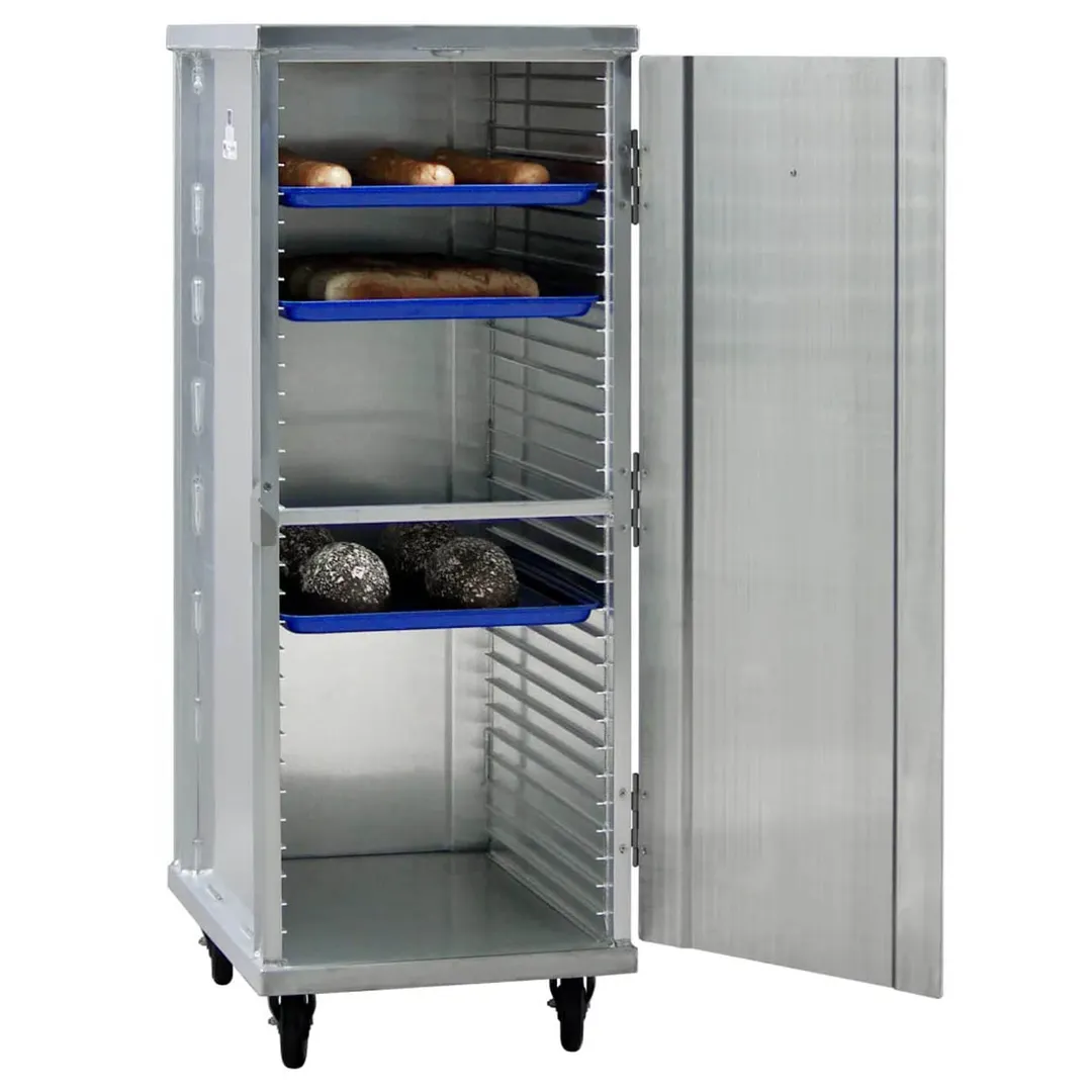 New Age 1293 32 Pan Aluminum Mobile End Load Enclosed Sheet Pan Rack w/ 1 1/2" Bottom Load Slides