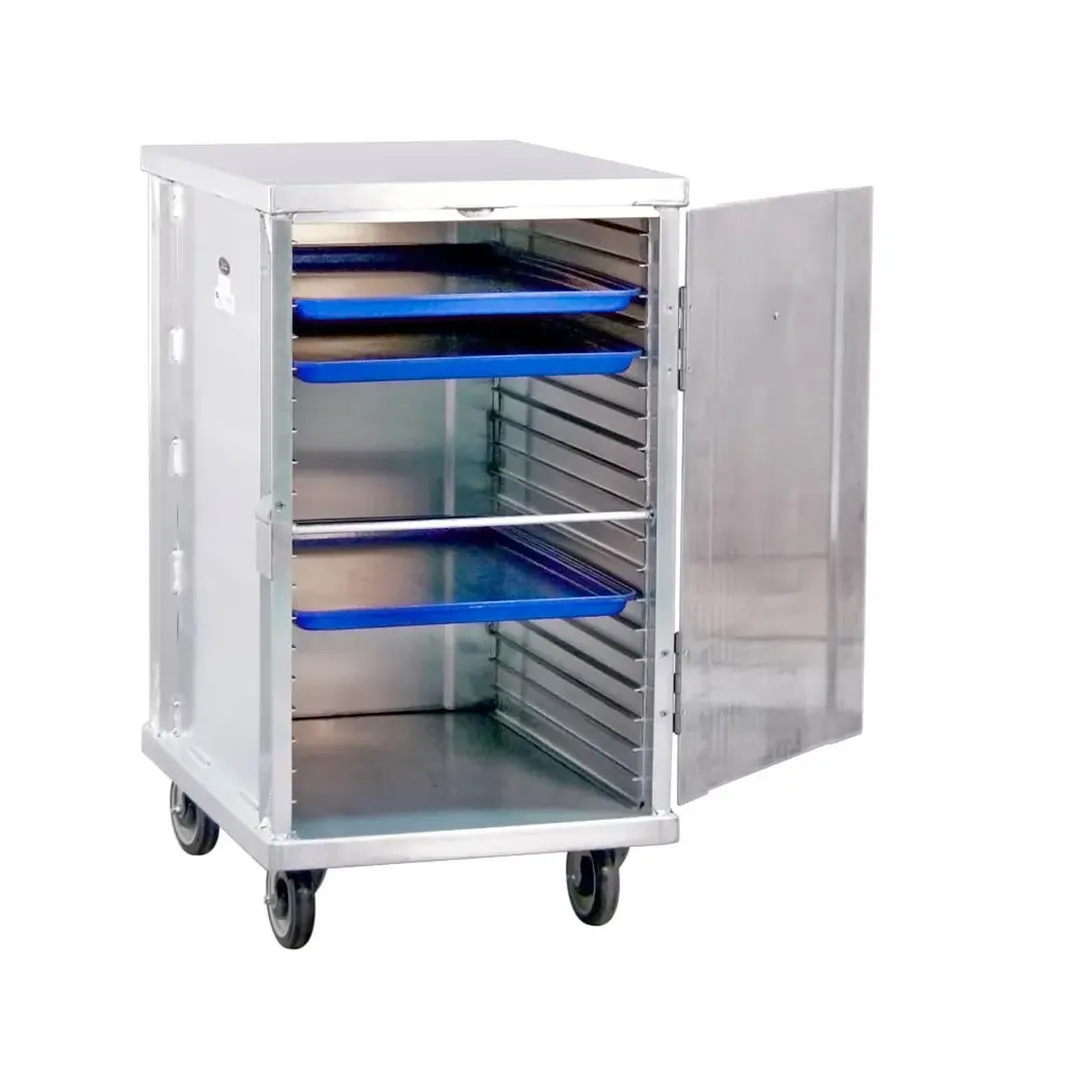 New Age 1296 20 Pan Aluminum Mobile End Load Enclosed Sheet Pan Rack w/ 1 1/2" Bottom Load Slides
