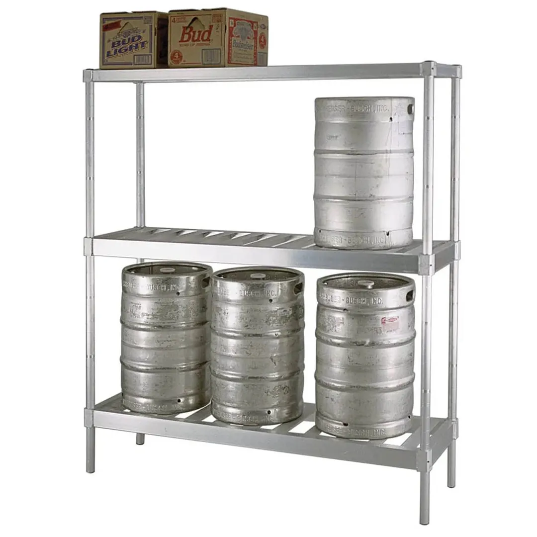 New Age 31842TT7 42" Aluminum Keg Rack with (4) 1/2 or (12) 1/6 Keg Capacity and 3 Shelves