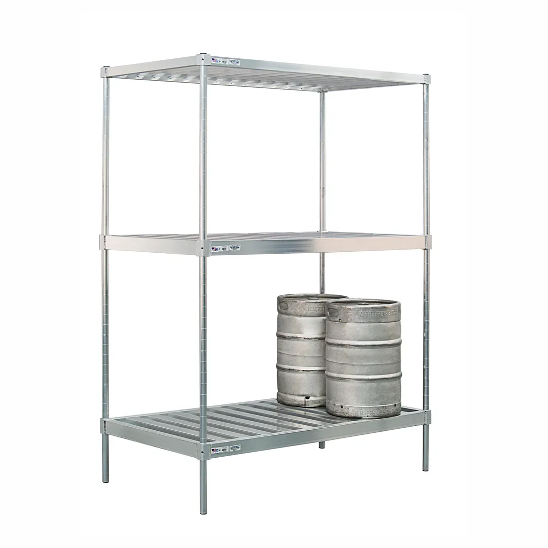 New Age 51173 80" Aluminum Keg Rack with (16) 1/2 or (48) 1/6 Keg Capacity and 3 Shelves