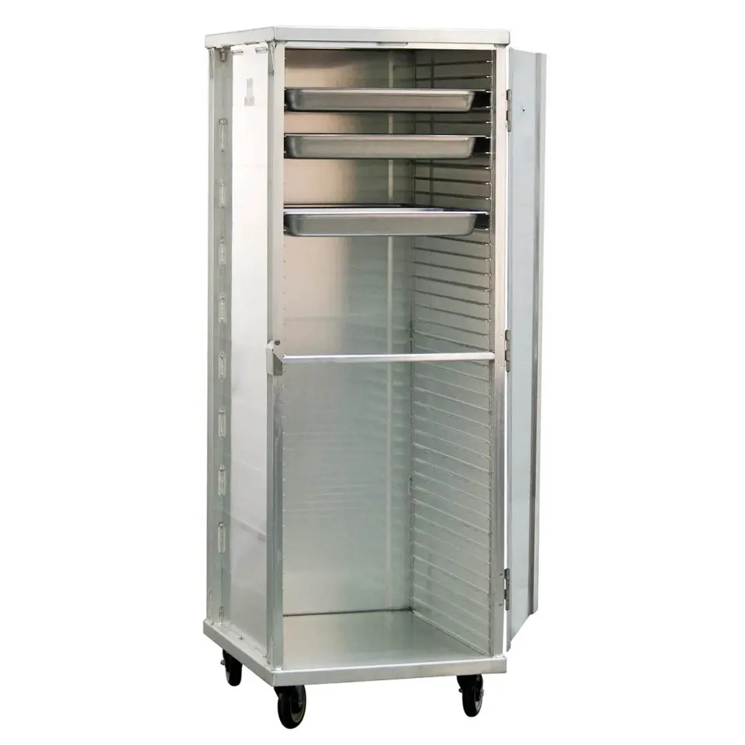 New Age 95141 24 Pan Aluminum Mobile End Load Enclosed Sheet Pan Rack w/ 1 1/2" Bottom Load Slides