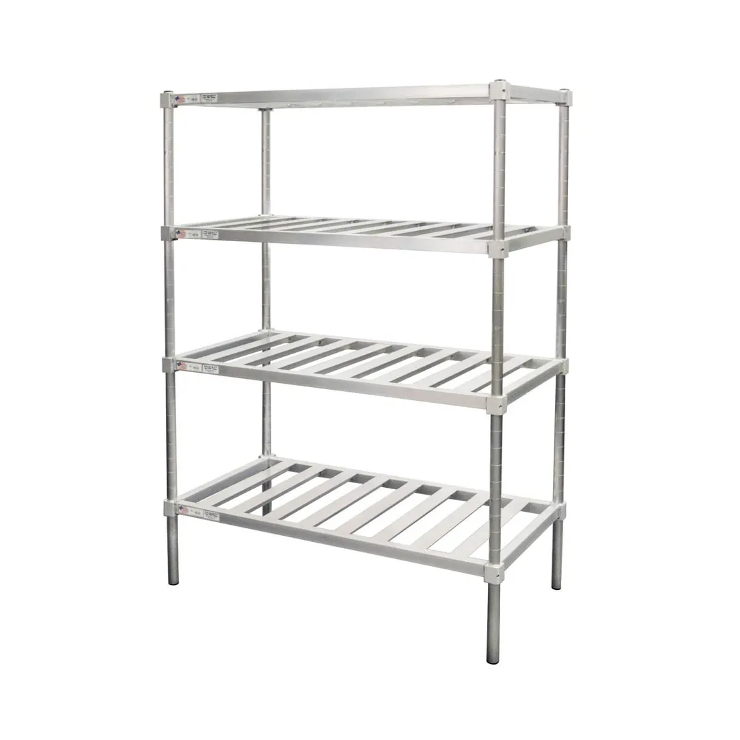 New Age P2448 48"W x 24"D x 76"H 4-Tier Stationary Aluminum Pot & Pan Rack, 900 lbs, Louvered Shelves, NSF, KD