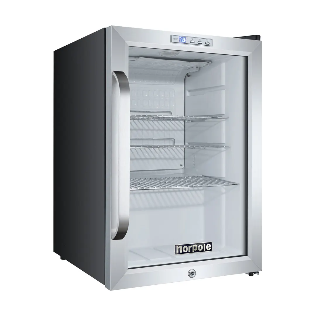Norpole NPCM-25SB - 17" Glass Door Refrigerator, 2.5 cu ft, Black, Temp Control, LED, Compressor