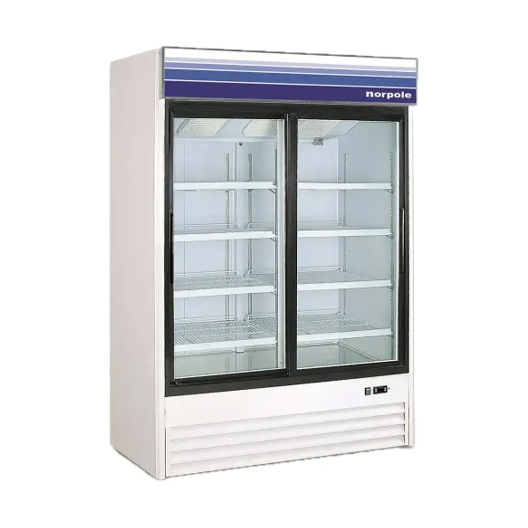 Norpole NPGR2-S45 53" 2-Section Glass Door Merchandiser Refrigerator in White, 45 cu. ft.