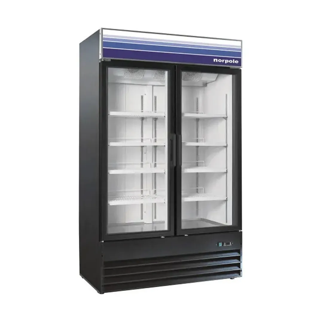 Norpole NPGR2-SB 48" 2-Section Glass Door Merchandiser Refrigerator in Black, 29 cu. ft.