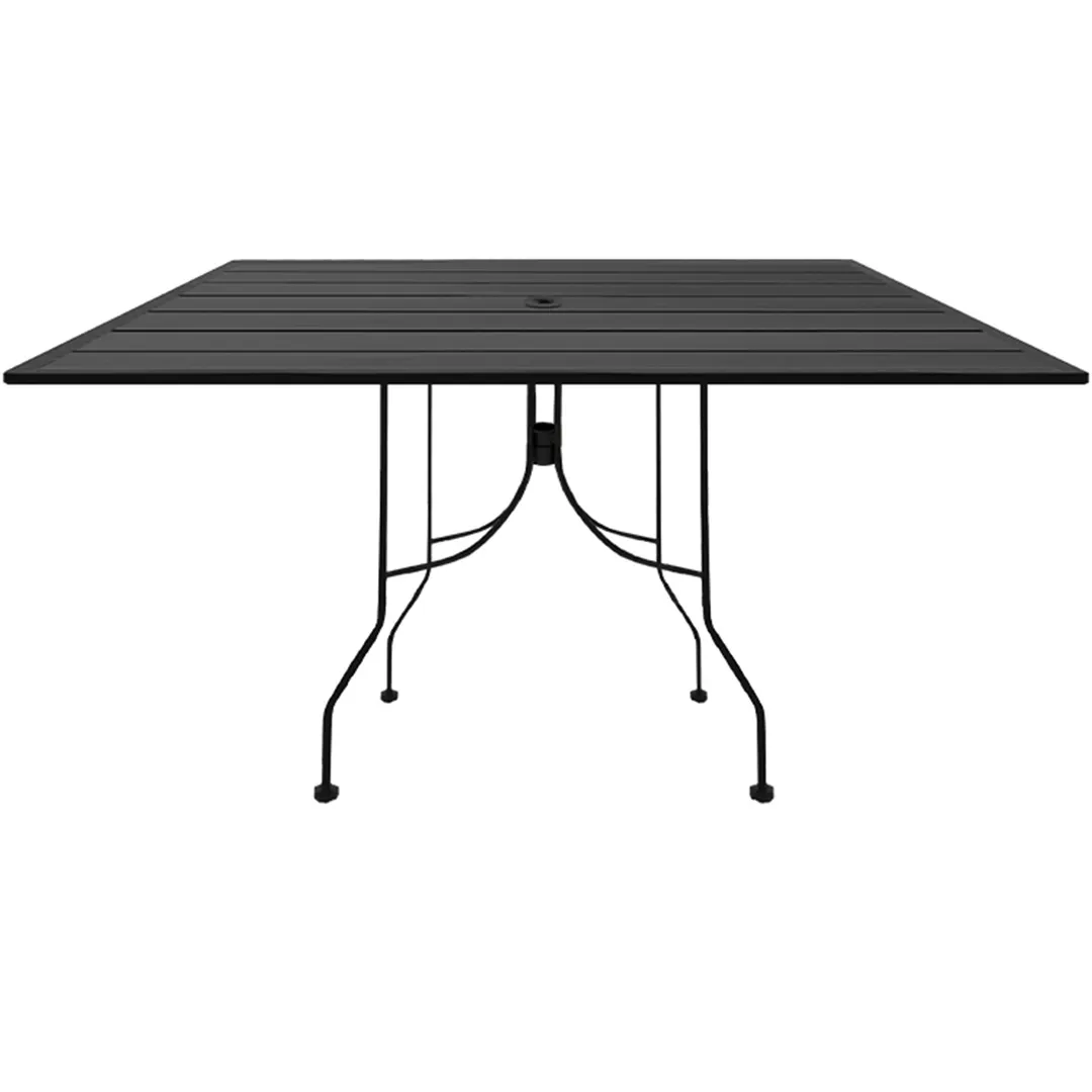 Oak Street OB3048-BAR 30" x 48" Rectangular Bar Height Outdoor Restaurant Table, Rolled Steel Top, 2" Umbrella Hole, Black Steel Base, Indoor/Outdoor