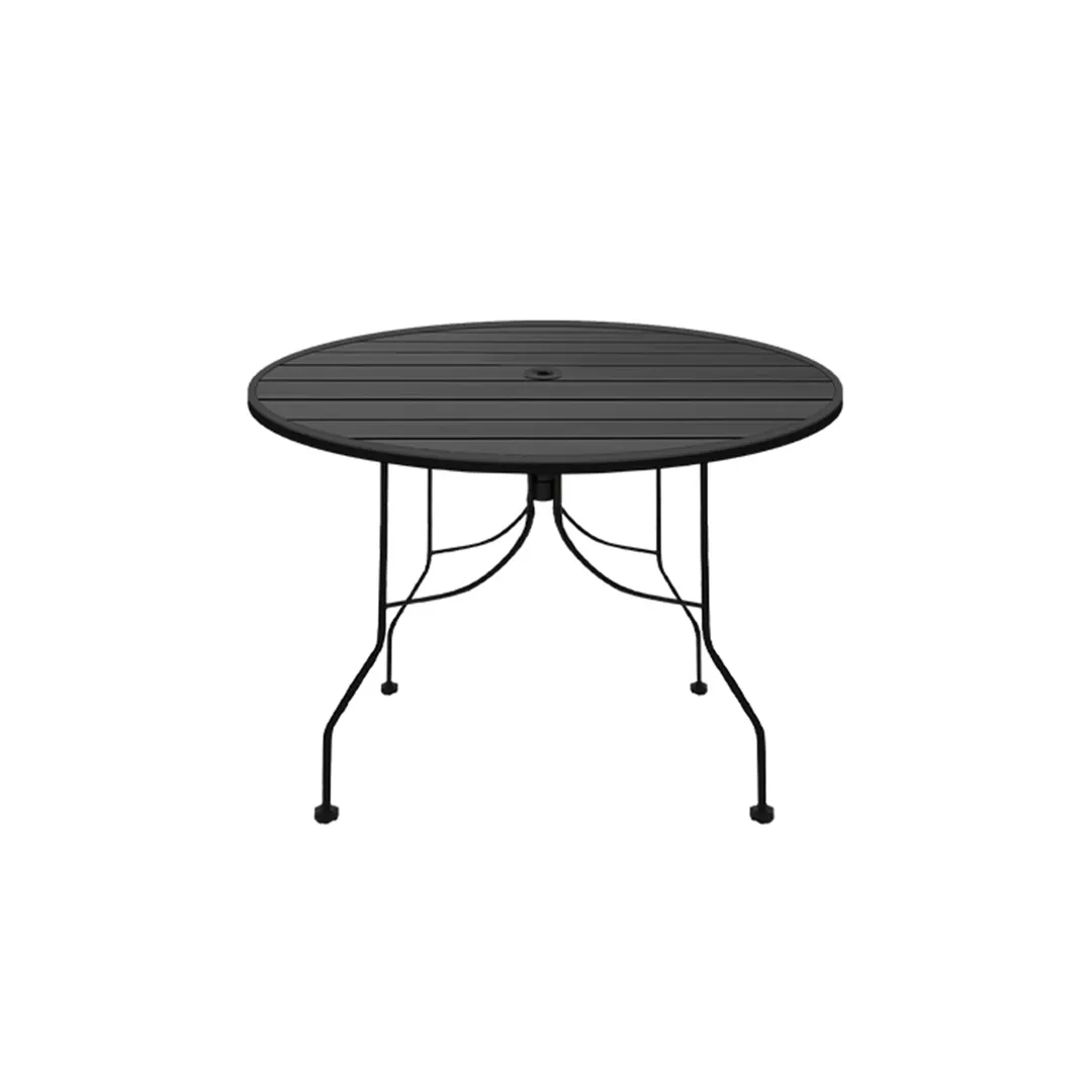 Oak Street OB36R-STD 36 Inch Round Standard Height Outdoor Restaurant Table, Rolled Steel Top, 2 Inch Umbrella Hole, Black Finish Steel Base