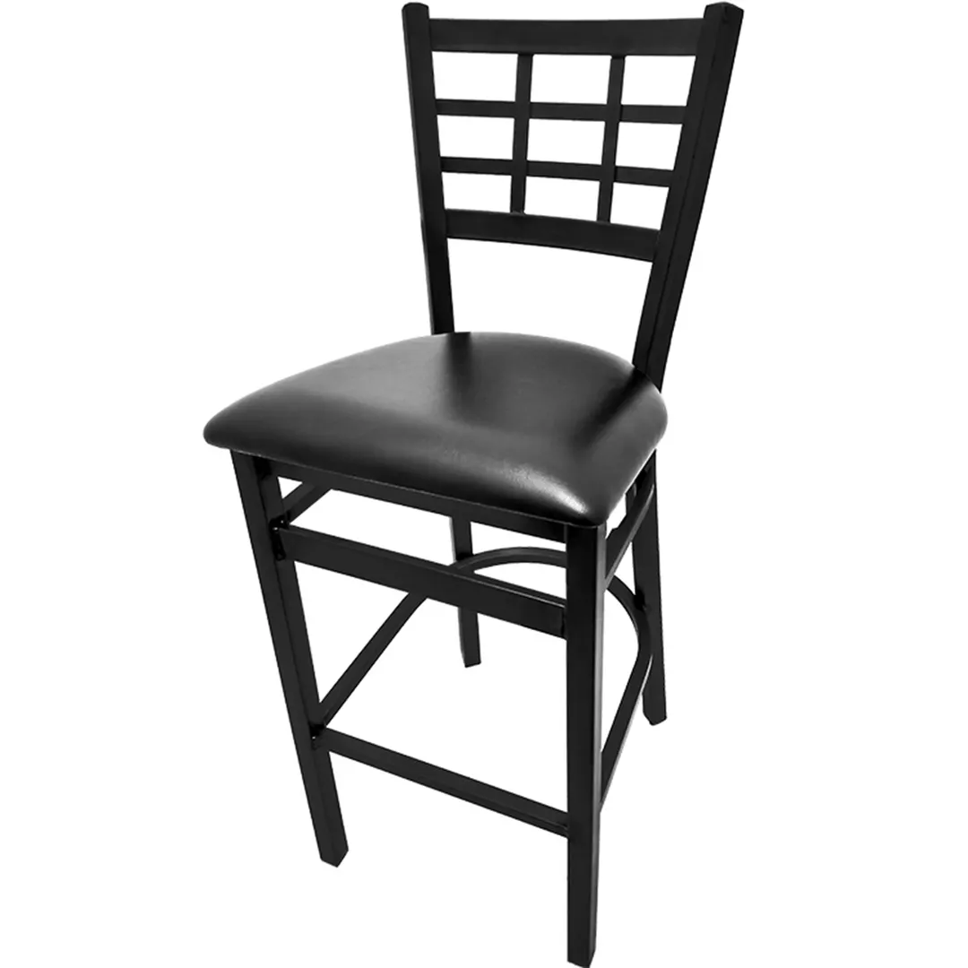 Oak Street SL2163P-1 Bar Stool, Window Pane Back, 1.2mm Steel Frame, Footrest, Poly Glides, Powder Coat, Black