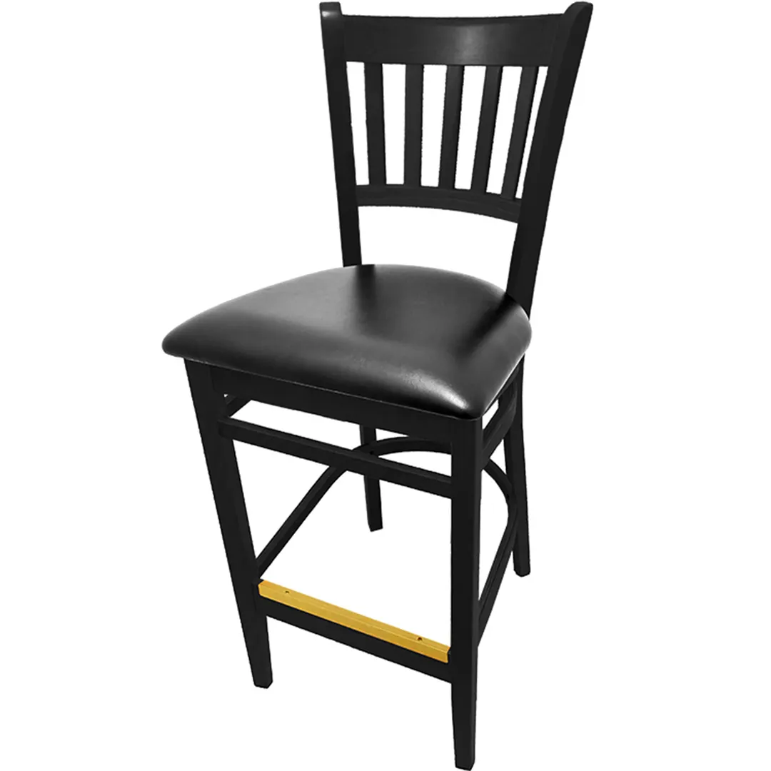 Oak Street WB102BLK Bar Stool, Vertical Slat Back, Black Finish, Beechwood Frame, Brass Toe Kick, Nylon Glides