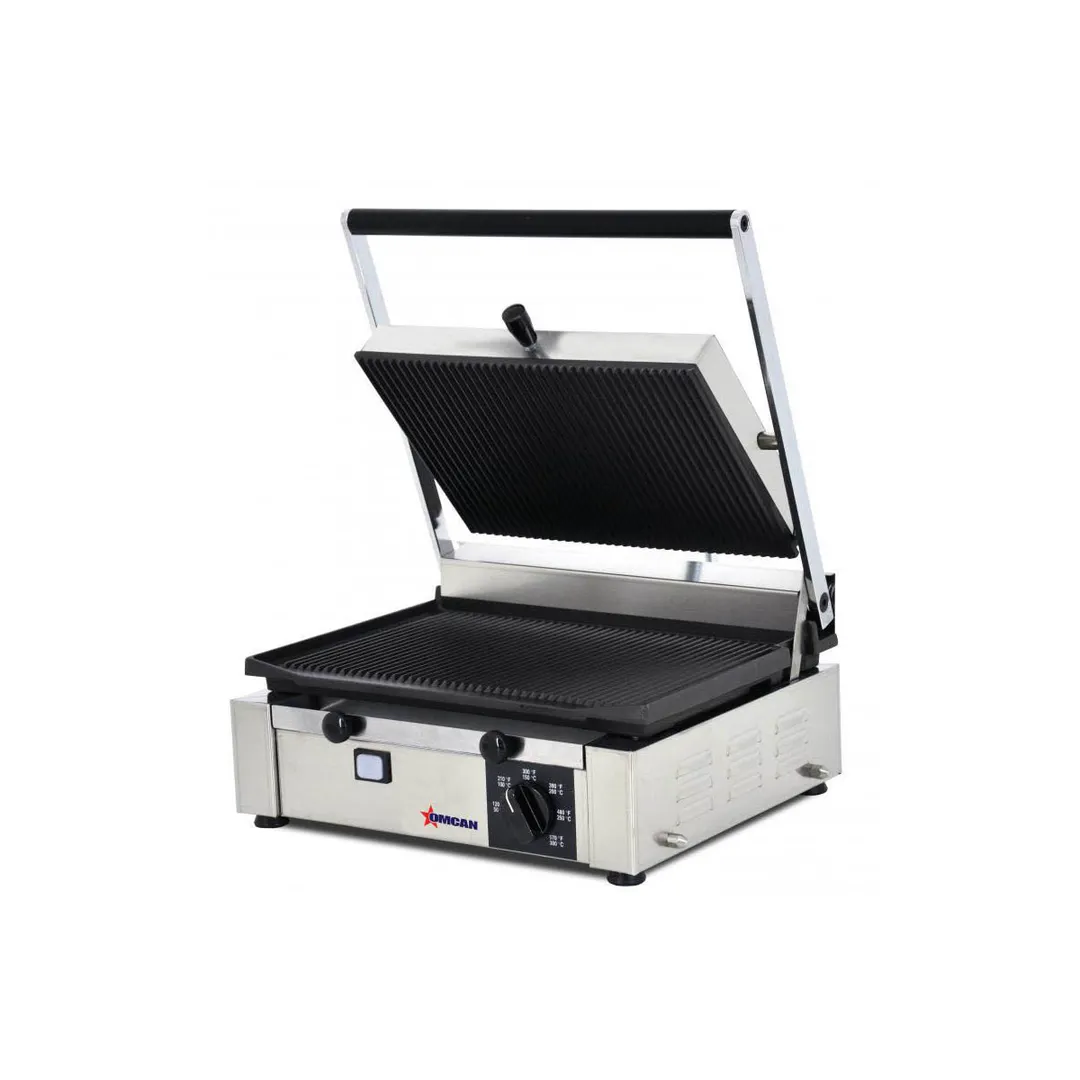 Omcan USA 11377 Single Sandwich Panini Grill w/ 14" x 10" Grooved Plates, 110V
