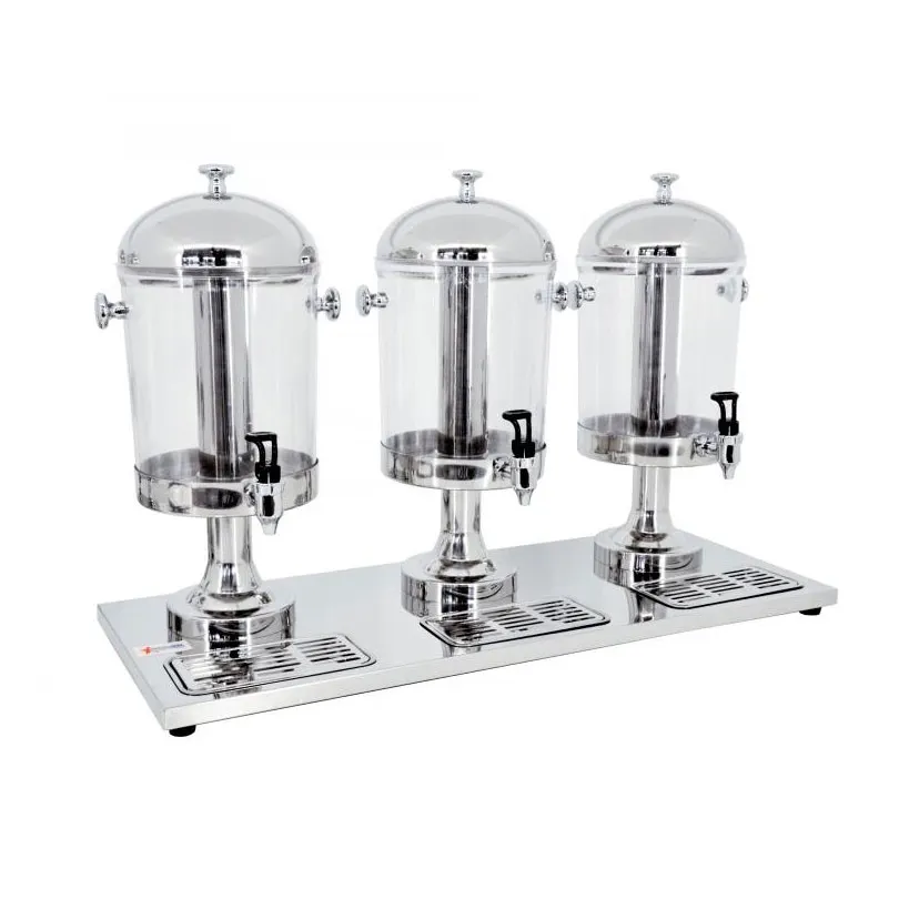 Omcan USA 19480 Triple Juice Dispenser – 3x8‑Qt Clear Tanks, Metal Base, Ice Tubes, Taps & Tray