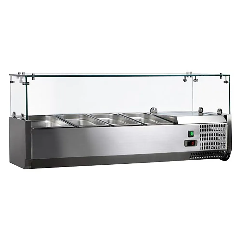 Omcan USA 46679 47" Countertop Refrigerated Pizza Topping Rail w/ Sneeze Guard, (4) 1/3 GN Pans