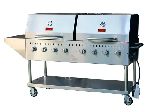 Omcan USA 47353 64" Mobile Outdoor LP Gas BBQ Grill w/ 8 Burners, Roll Dome, 128.000 BTU