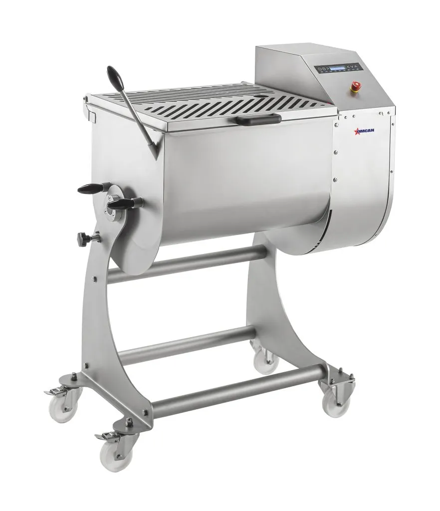 Omcan USA 48055 Electric Meat Mixer, 110lb/50kg Capacity, Stainless Steel, Tilting Tank, Auto-Lock, 1HP/740W 220V Motor, Made in Italy