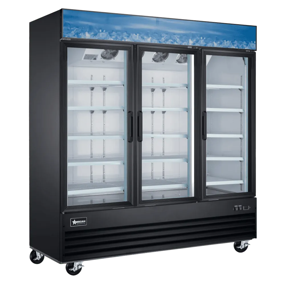 Omcan USA 51087 - 80" Three‑Section Freezer, 52.3 cu ft, Black Steel, R290, LED Light, Auto Defrost